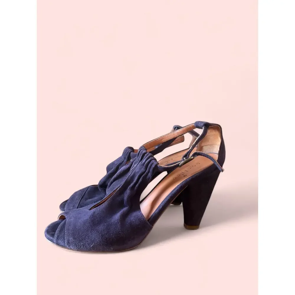 Coclico Purple Suede Ruched T-Strap Peep Toe Cone Heel Size 38.5 Made in Spain